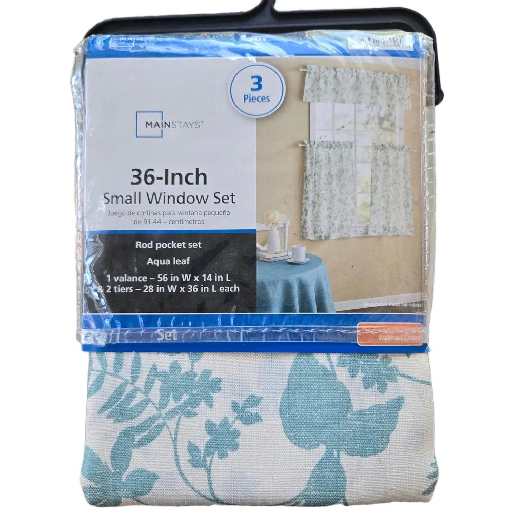 Mainstays 3 Piece Small Window Set Aqua Leaf Valance & 2 Tiers R NEW Cottagecore